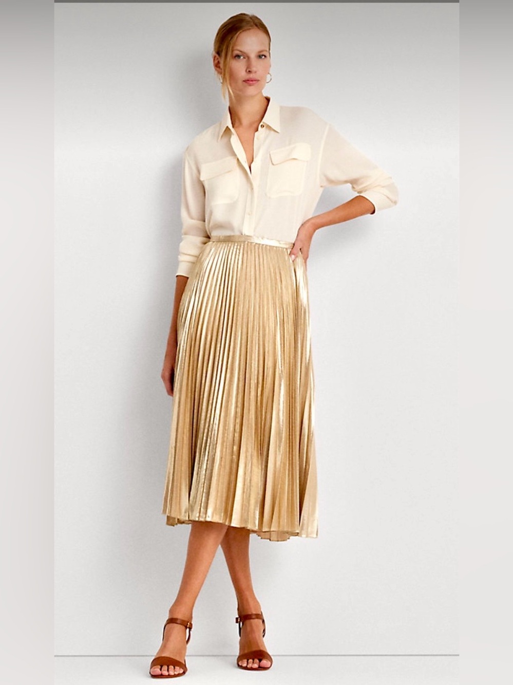 Ralph Lauren Gold Metallic Chiffon Pleated Midi Skirt 12